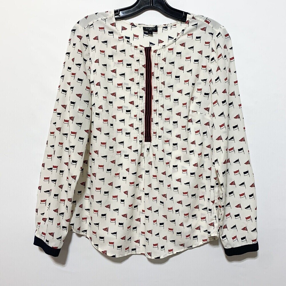 Talbots White and Black Flag Patterned Blouse with Red Trim - Picture 2 of 11